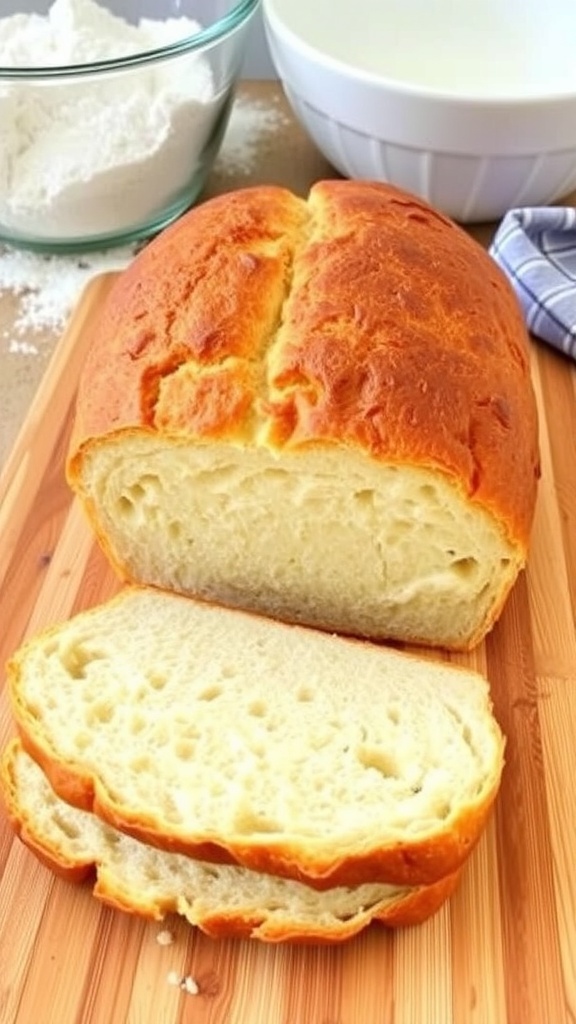 A golden-brown no-knead bread loaf on a cutting board, with slices revealing a soft interior.